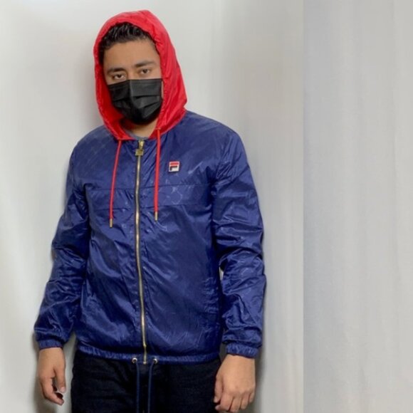 Men’s Fila All Over Print Navy Red Full Zip Windbreaker Hoodie